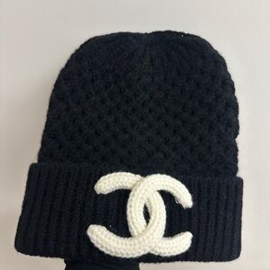 CHANEL Black Knit Hat with Cream Logo